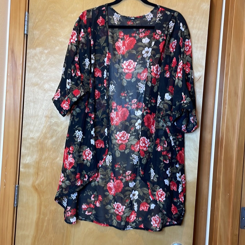 Sheer Tunic Blouse - Plus Size 2X - Black/Red Floral Print